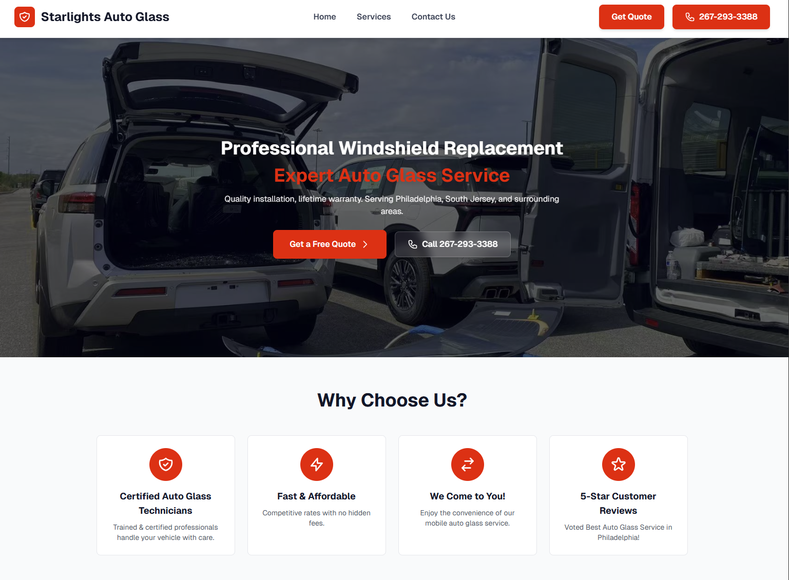 Starlights Auto Glass 汽车玻璃服务网站项目案例 - 上门服务和保险协助
