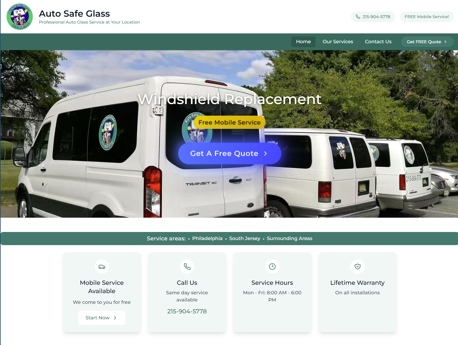 Auto Safe Glass 汽车玻璃服务网站项目案例 - 上门服务和保险协助